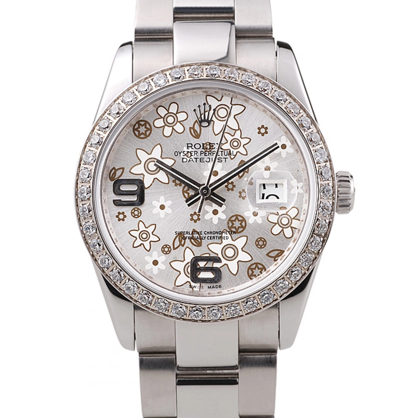 MiroTime 0815 Rolex Datejust Stainless Steel Silver Flowers Dial Diamond Plated rl305